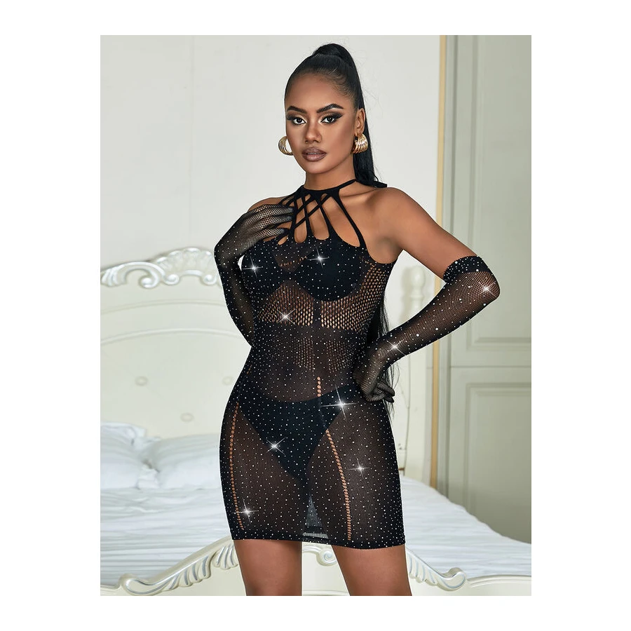 SUBBLIME - 952235 BODYSTOCKING A RETE CON STRASS E GUANTI NERI TAGLIA UNICA